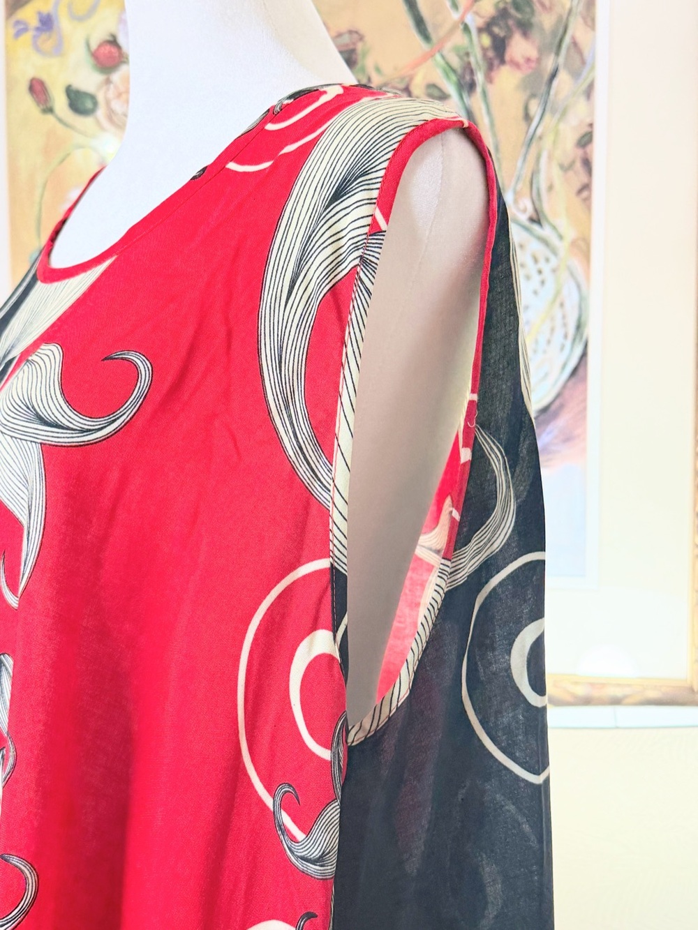 NWT Women’s Maxi Dress M/L Red Black Sleeveless Boho Resort Cruise Art Print - Picture 5 of 10